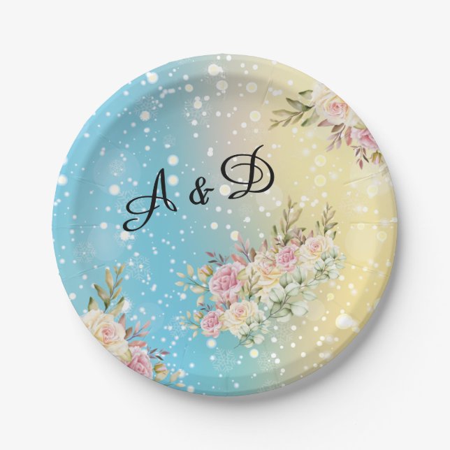 Plato De Papel Elegante amarillo, Nieve azul, Floral rosa (Anverso)
