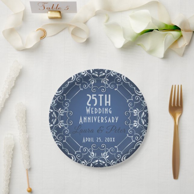 Plato De Papel Elegante Aniversario Boda Azul y Plata (Boda)
