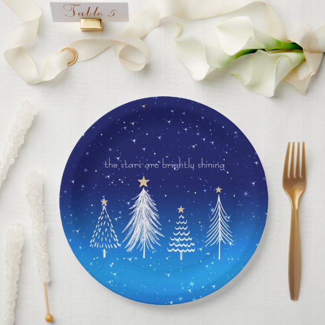 Plato De Papel Elegante árbol blanco de Navidad con estrellas de  (Boda)