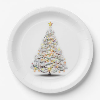 Plato De Papel elegante árbol de navidad con luces brillantes