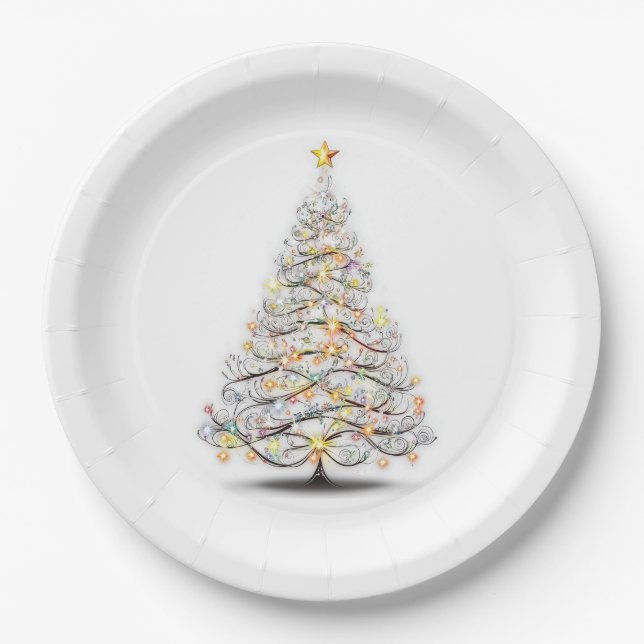 Plato De Papel elegante árbol de navidad con luces brillantes (Anverso)