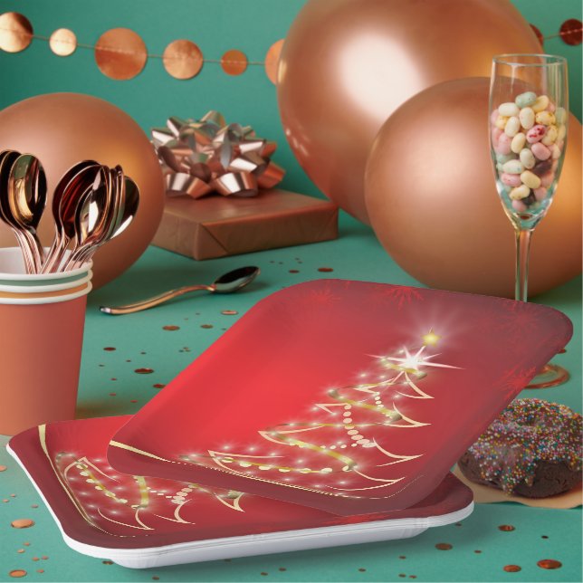 Plato De Papel Elegante árbol de Navidad de oro sobre rojo  (Multi)