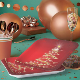 Plato De Papel Elegante árbol de Navidad dorado en rojo