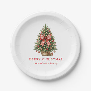 Plato De Papel Elegante árbol de Navidad en acuarela con lazo de 