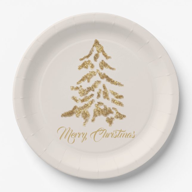 Plato De Papel Elegante Árbol de Oro Feliz Navidad (Anverso)
