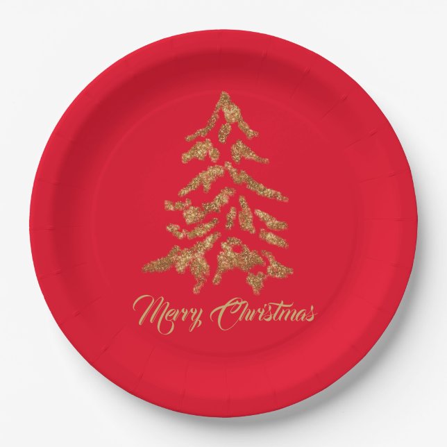 Plato De Papel Elegante Árbol Rojo Feliz Navidad (Anverso)