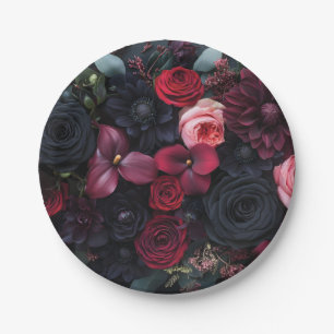 Plato De Papel Elegante Arreglo Floral Oscuro Con Rosas