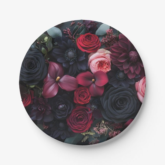 Plato De Papel Elegante Arreglo Floral Oscuro Con Rosas (Anverso)
