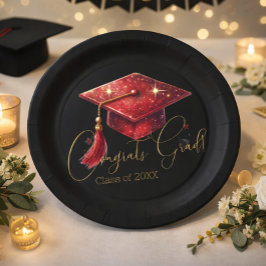 Plato De Papel Elegante arte de graduación en rojo, dorado y negr
