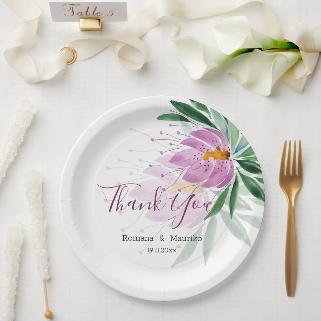 Plato De Papel Elegante arte romántico violeta Lotus acuarela (Boda)