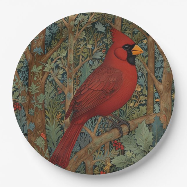 Plato De Papel Elegante ave roja retro cardenal Art Nouveau (Anverso)