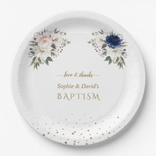 Plato De Papel Elegante azul rosa Flores blancas gemelas Bautismo
