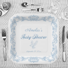 Plato De Papel Elegante Baby Shower azul turbio barroco filigrí