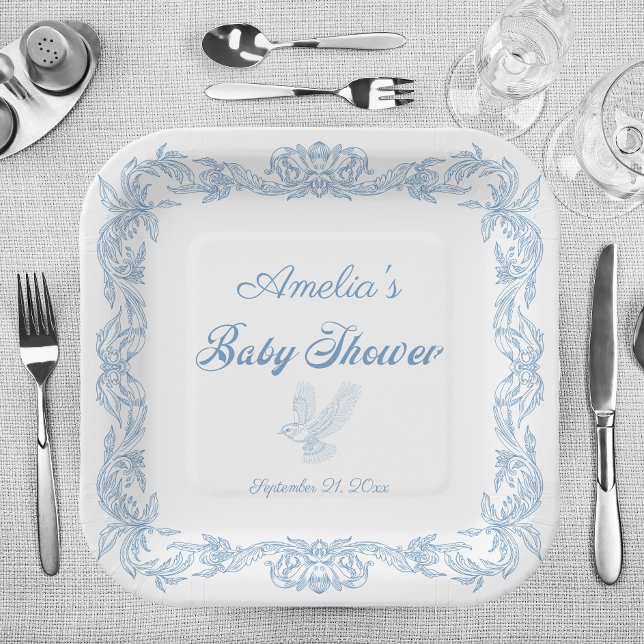 Plato De Papel Elegante Baby Shower azul turbio barroco filigrí (Subido por el creador)