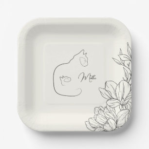 Plato De Papel Elegante Baby Shower Black & Cream Cat Lover