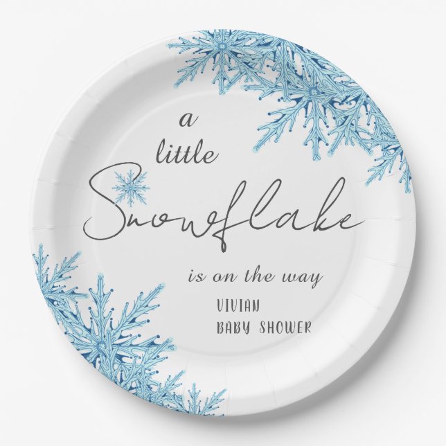 Plato De Papel Elegante Baby Shower Blue Little Snowflake de invi (Anverso)