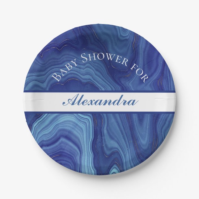 Plato De Papel Elegante Baby Shower Blue Marble Agate (Anverso)