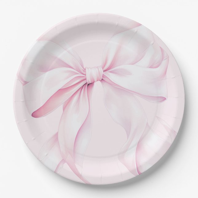 Plato De Papel Elegante Baby Shower Bow Rosa (Anverso)