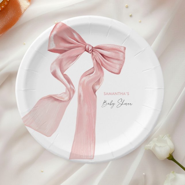 Plato De Papel Elegante Baby Shower Bow Rosado Coquette (Subido por el creador)