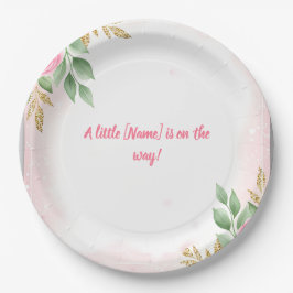 Plato De Papel Elegante Baby Shower con flores rosadas con Rosa y