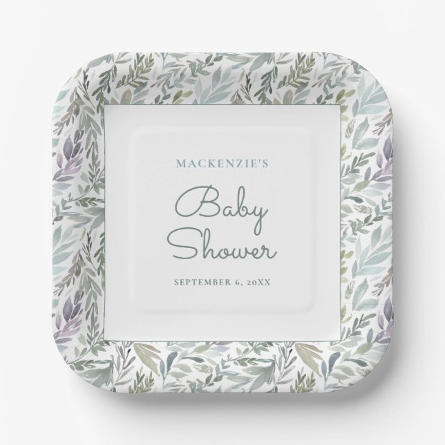 Plato De Papel Elegante Baby Shower de acuarela botánica (Anverso)