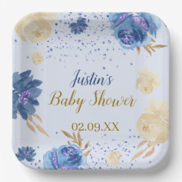 Plato De Papel Elegante Baby Shower de calabaza floral azul