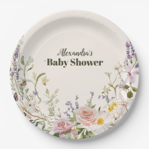 Plato De Papel Elegante Baby Shower de Flor Silvestre Rosa