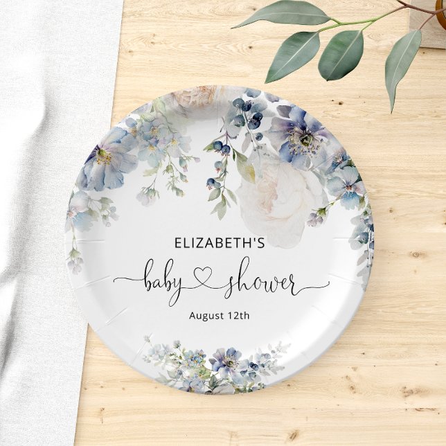 Plato De Papel Elegante Baby Shower de Flores Azules (Subido por el creador)