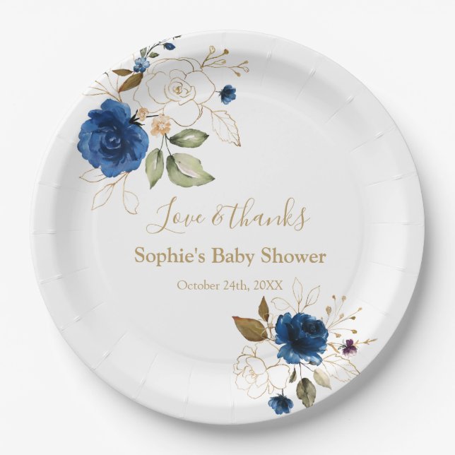 Plato De Papel Elegante Baby Shower de Flores de Oro Azul (Anverso)