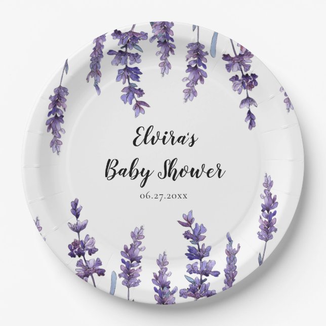 Plato De Papel Elegante Baby Shower de lavanda floral (Anverso)