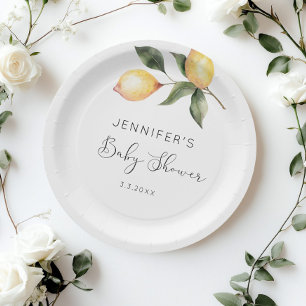 Plato De Papel Elegante baby shower de limón con acuarela