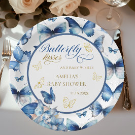 Plato De Papel Elegante Baby Shower de mariposa dorada azul