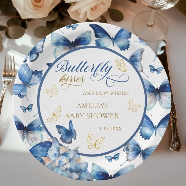 Plato De Papel Elegante Baby Shower de mariposa dorada azul (Subido por el creador)