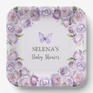 Plato De Papel Elegante Baby Shower de mariposa púrpura