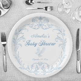 Plato De Papel Elegante Baby Shower de pájaro barroco azul