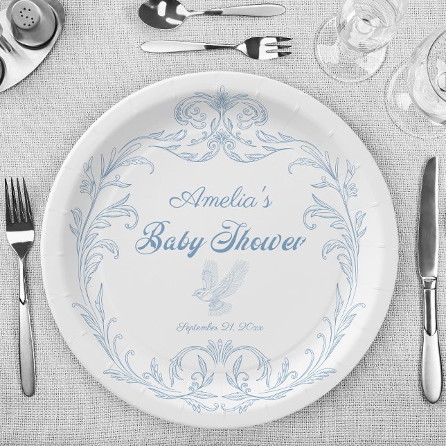 Plato De Papel Elegante Baby Shower de pájaro barroco azul (Subido por el creador)
