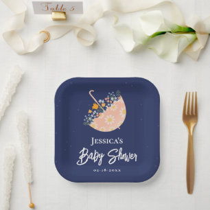 Plato De Papel Elegante Baby Shower de paraguas rosados
