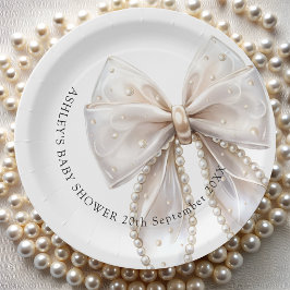 Plato De Papel Elegante Baby Shower de Pearl Bow Blanco