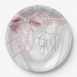 Plato De Papel Elegante Baby Shower de Rosa Pastel con Forma de P