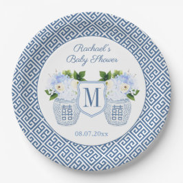 Plato De Papel Elegante Baby Shower Floral De Monograma Azul Y Bl