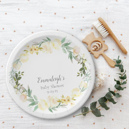 Plato De Papel Elegante Baby Shower Floral de rosa blanca