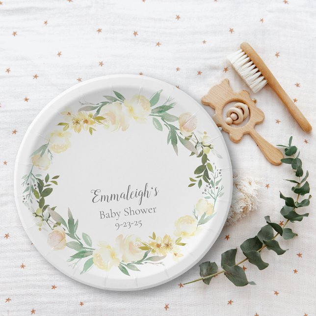 Plato De Papel Elegante Baby Shower Floral de rosa blanca (Subido por el creador)
