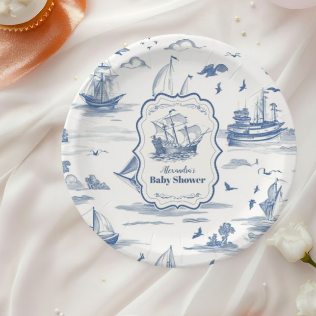 Plato De Papel Elegante Baby Shower Nautical Toile (Subido por el creador)
