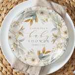 Plato De Papel Elegante Baby Shower Neutral Floral Baby Bloom<br><div class="desc">Las elegantes placas de papel Baby Shower Neutral Floral Baby Bloom cuentan con flores y vegetación florales de oro,  blanco y azul,  así como con caligrafía moderna.</div>