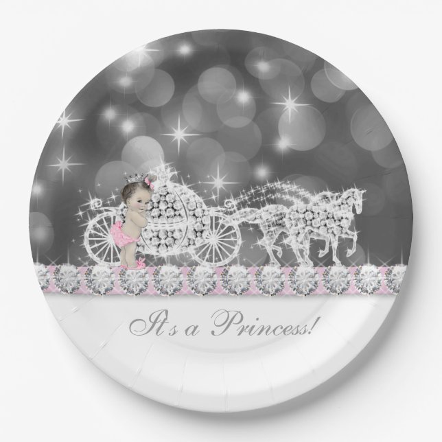 Plato De Papel Elegante Baby Shower Princesa Rosa y Gris (Anverso)