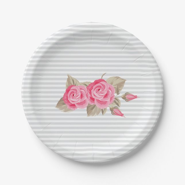 Plato De Papel Elegante Baby Shower rosa y rosa blanco (Anverso)