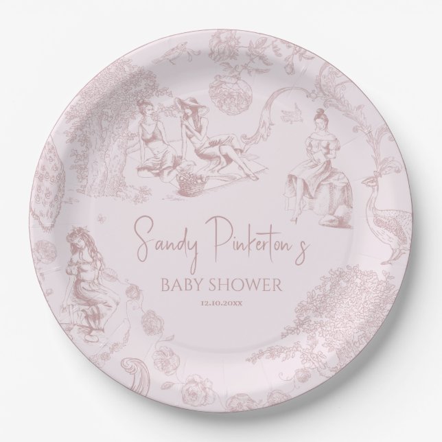 Plato De Papel Elegante Baby Shower rosado de Jouy Picnic (Anverso)