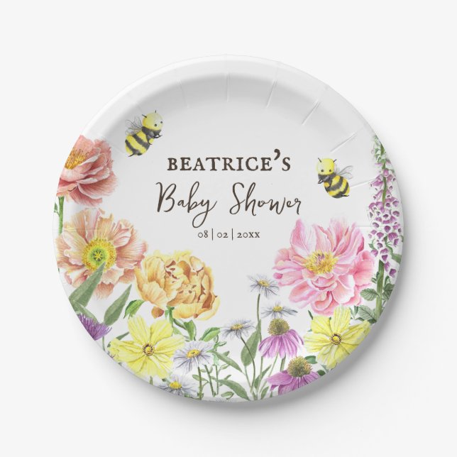 Plato De Papel Elegante Baby Shower rosado y flor silvestre (Anverso)