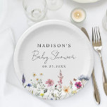 Plato De Papel Elegante Baby Shower Wildflower Meadow<br><div class="desc">Elegantes placas de papel para bebés floridas con un borde inferior de flores silvestres acuáticas y follaje en tonos rosa, amarillo, violeta, azul y verde sobre un fondo blanco. Personalice los platos de papel para bebés con flores silvestres con el nombre de la futura madre y la fecha. Las placas...</div>