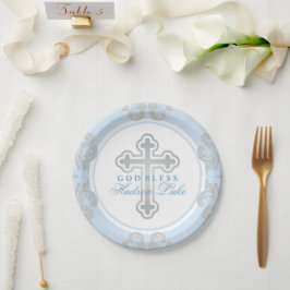 Plato De Papel Elegante Baptismo de niño bebé de Cruz de Plata Az